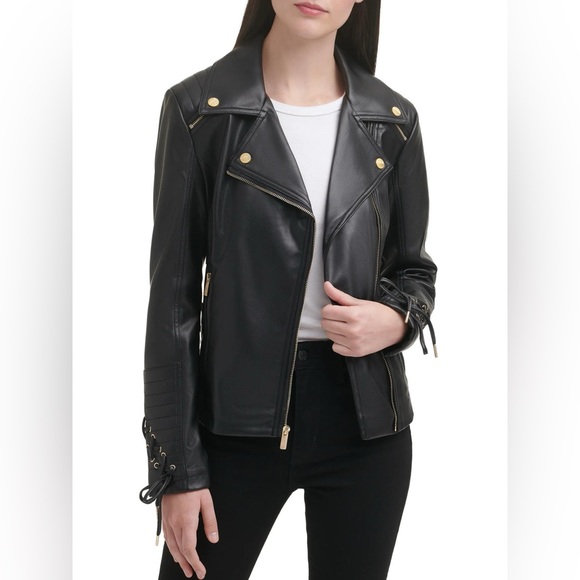 BNWT Guess Faux Leather Lace Up Moto Jacket Black & Gold Hardware M $200 - Picture 1 of 9